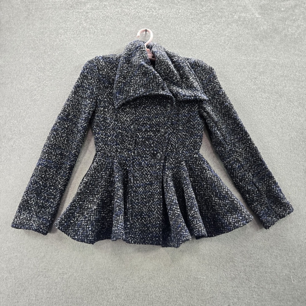 Free People Women Jacket 2 Black Tweed Peplum Pea Coat Geometric Button